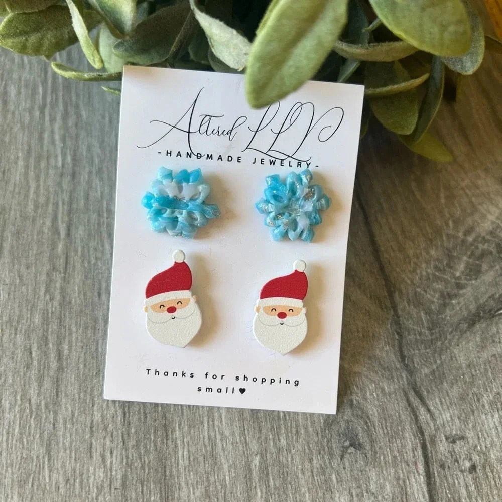 2/$30 Handmade Happy Santa & Snowflake Stud Pack